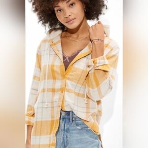 American Eagle Cozy Cabin Oversized Hoodie Plaid Flannel Long Sleeve Shirt. L